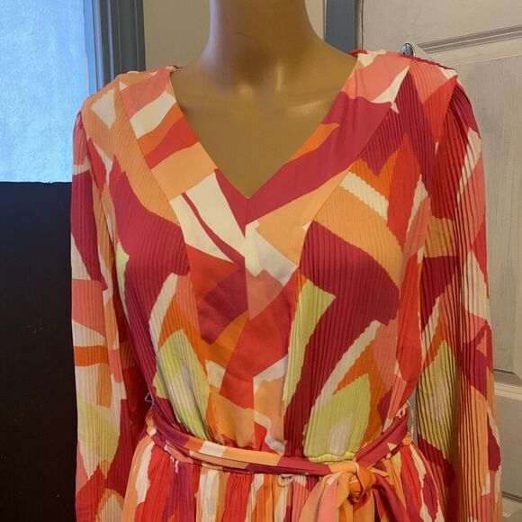 Nicole Miller Mini Dress Sz M Neon Multicolored Pop Art V Neck Elastic Tie Waist - Picture 7 of 10